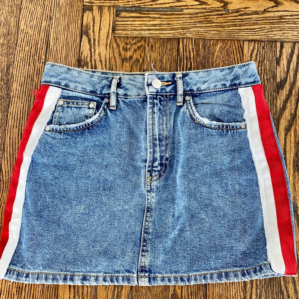 ZARA Denim Skirt with Stripe Detail, Size Small.